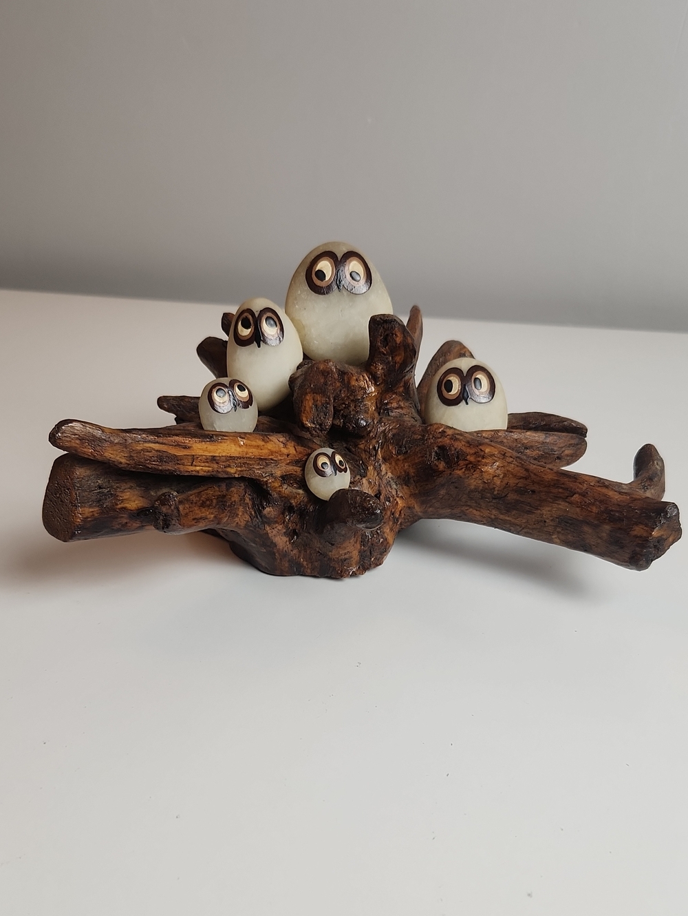 Vintage 1970s Painted Owl Rock Figurine on Driftwood Base Folk Art